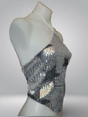 Silver Sequin Star Halter Tie Backless Cropped Tank Top M Party Rave Y2k Kandi